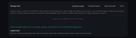 Manage tools panel with Authoring guide, Download guide and Copy AI prompt buttons, a drop zone for a .js file, and a confirmation that the AI prompt was copied