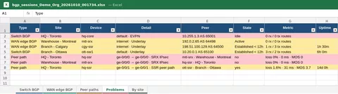Excel sheet of BGP problems: idle and active sessions, sessions established under 12 hours, and down SRX IPsec peer paths