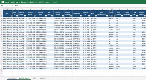 Excel table of switch ports with banded rows, filters on every column and site, switch, port, profile, link and speed columns