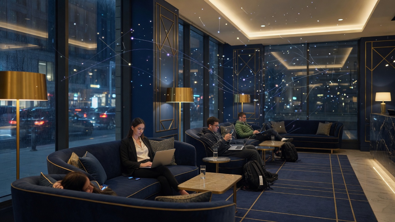 Hotel lobby with guests on laptops and phones