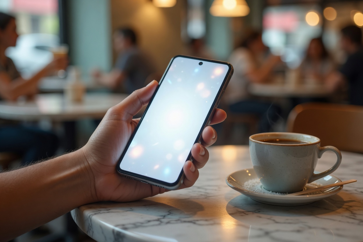 Guest holding a phone over a cafe table